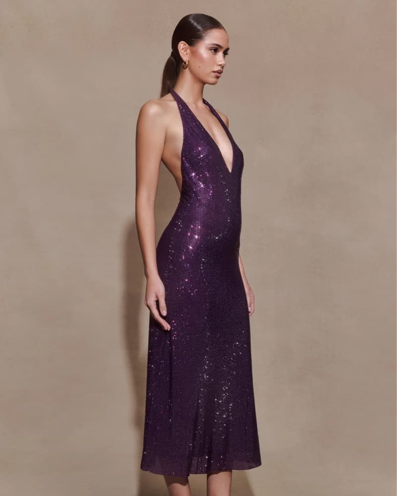 Meshki Sparkly Purple Halter Midi Dress - Image 3