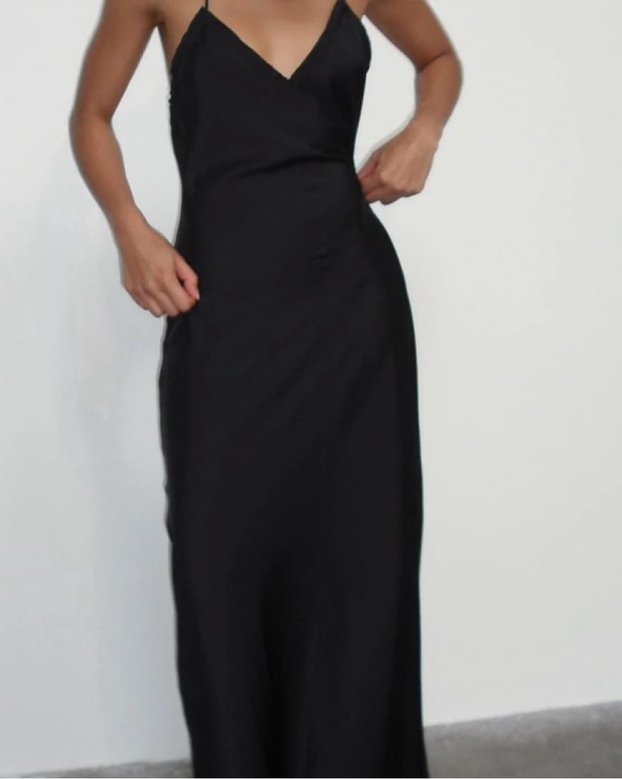 RAW EDGE SATIN CAMI DRESS - BLACK - Image 1