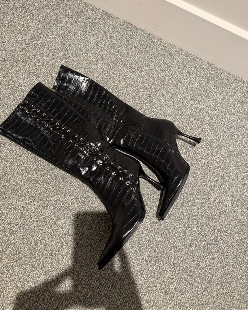Black Lace Up High Knee Boots  - Image 2