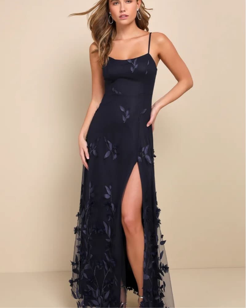 Navy Blue 3D Floral Applique Maxi Dress - Image 1