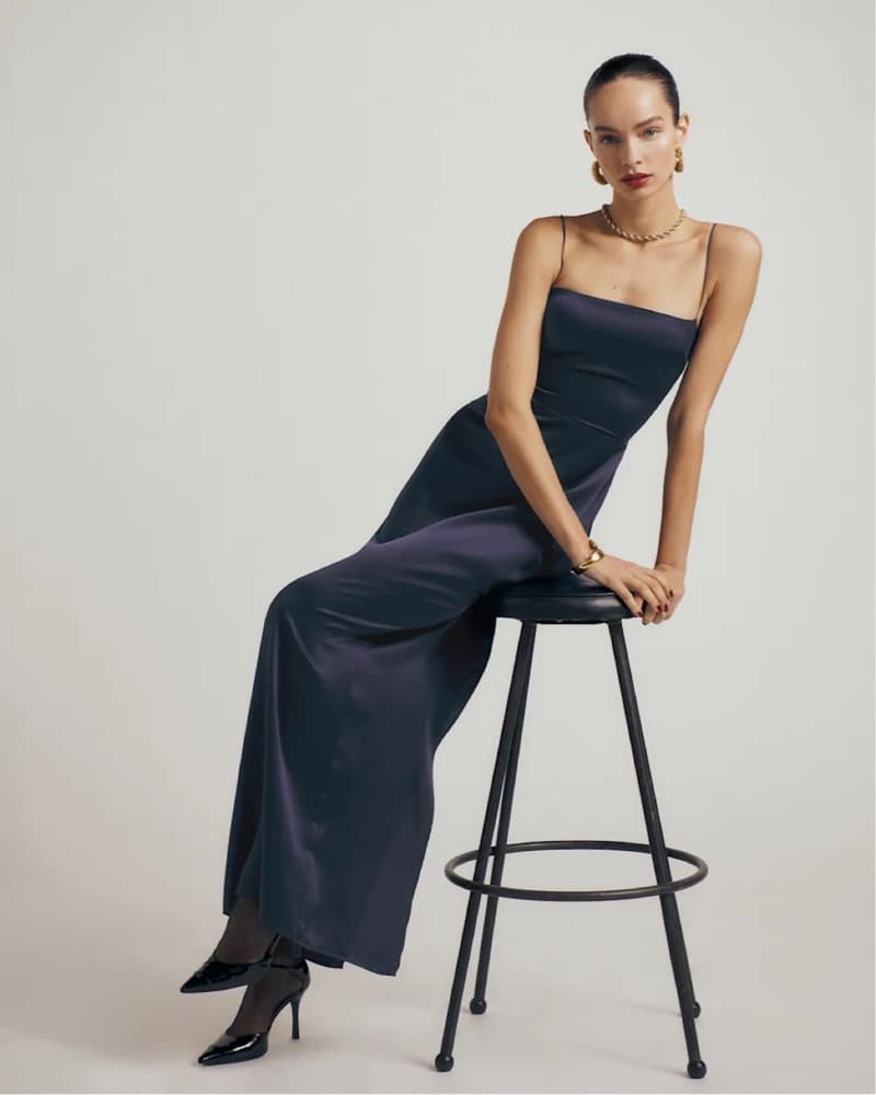 Reformation Frankie Silk Dress Navy - Image 2