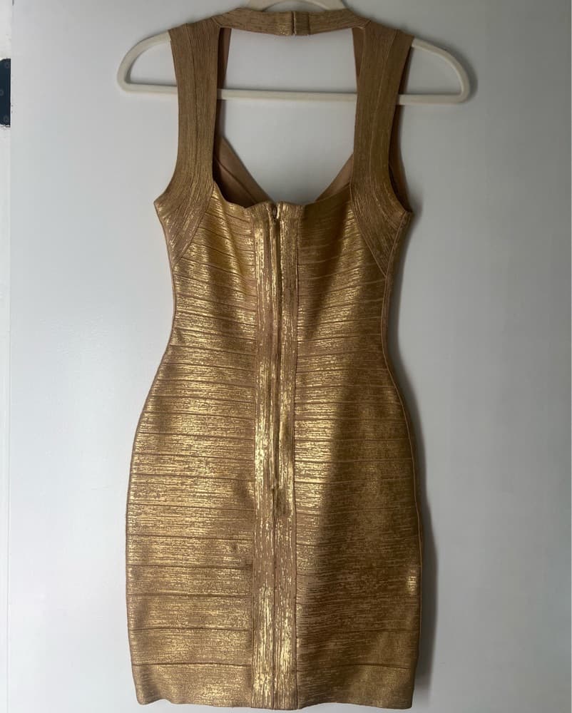 Herve Leger Bandage Mini Gold Dress - Image 2