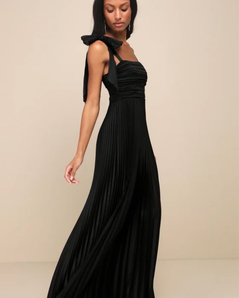 Black Satin Pleated Sleeveless Bow Maxi  - Image 2