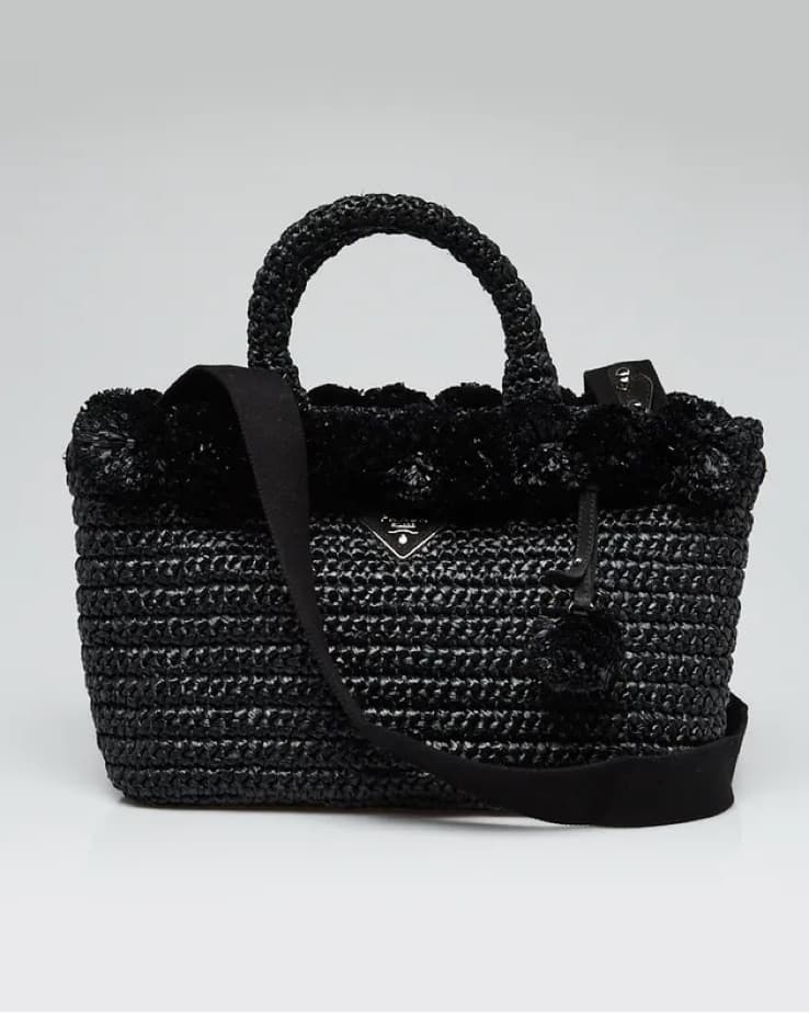 *VINTAGE* Prada Raffia Pom Pom Black Bag - Image 6