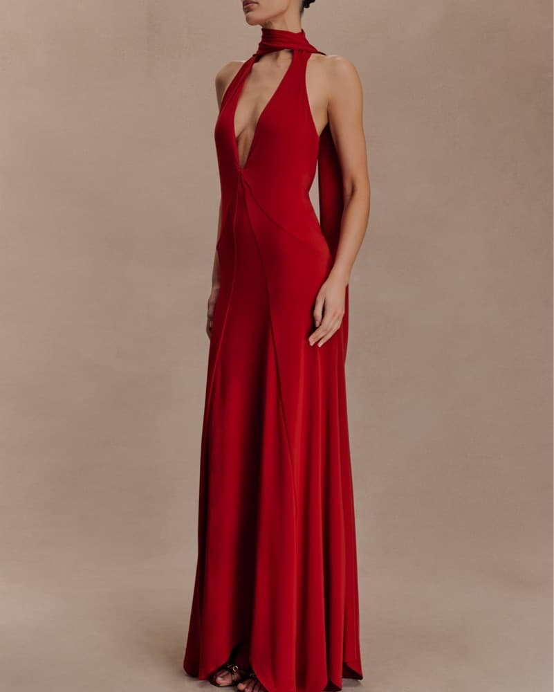 Meshki Elegant Ruched Red Maxi Dress - Image 3