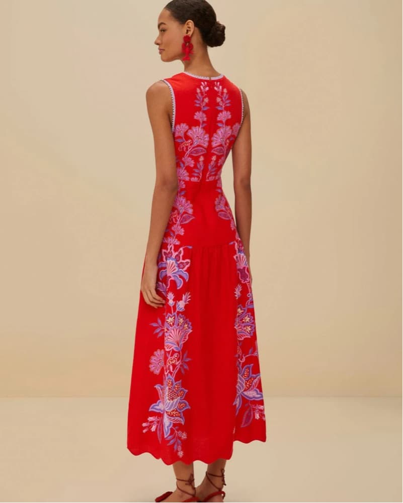 Red Embroidered Floral Midi Dress - Image 2