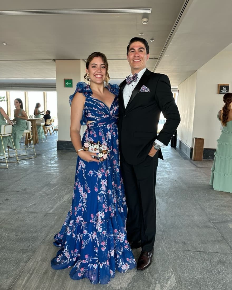 Blue Ruffle Tiered Floral Cut-Out Dress - Image 1