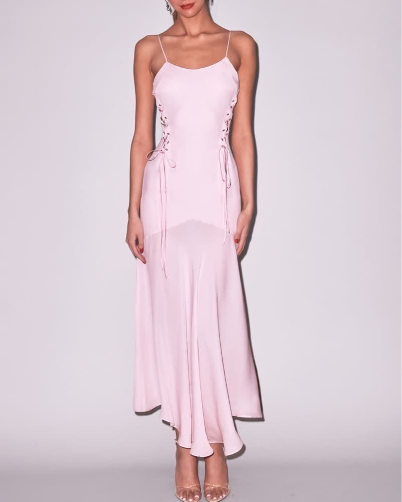 Stunning Pink Lace-Up Maxi Dress - Image 1