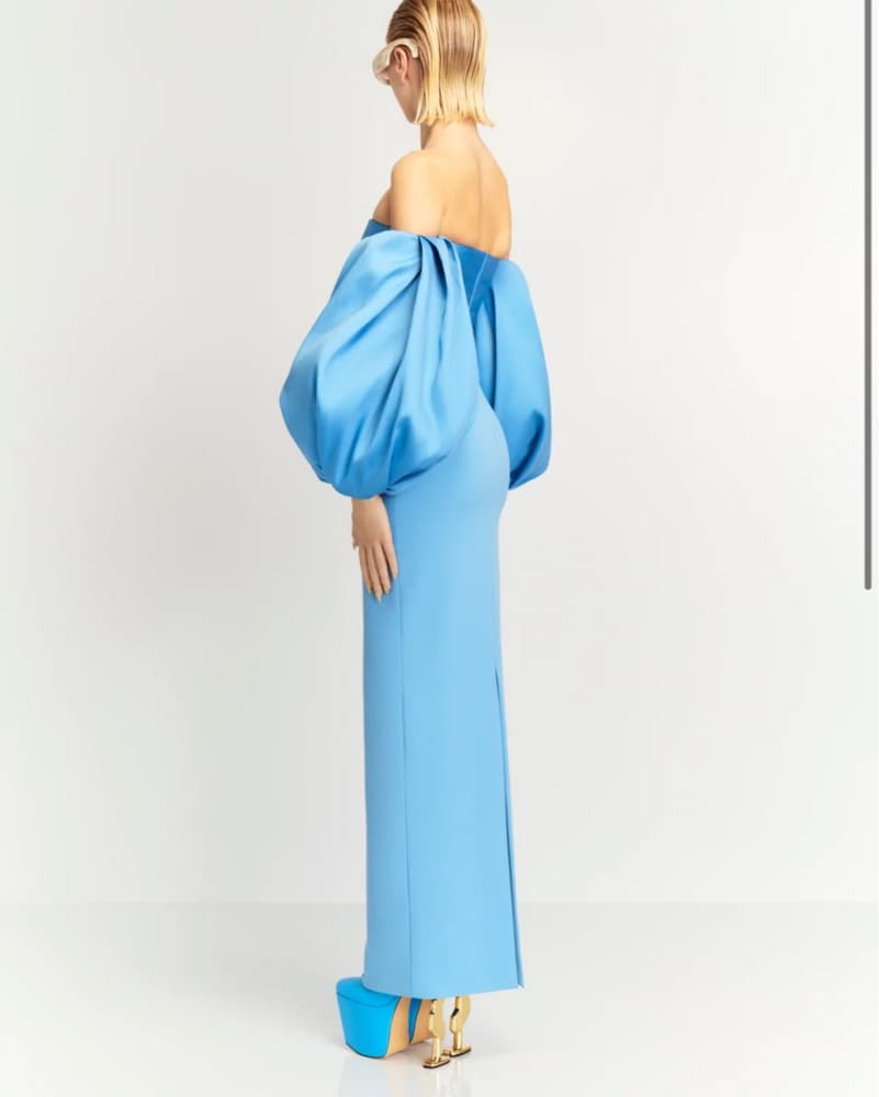 Blue Satin Gown With Puff Sleeves  - Image 4