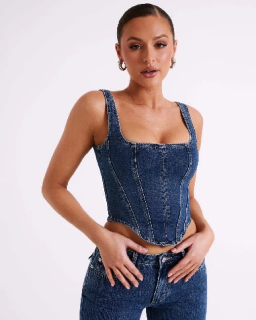 Denim Lace Up Corset - Dark Blue - Image 1