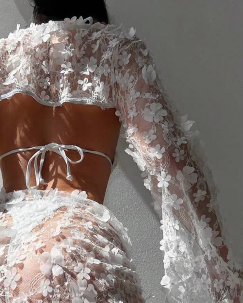White Floral Coverup Top And Skirt Set - Image 2
