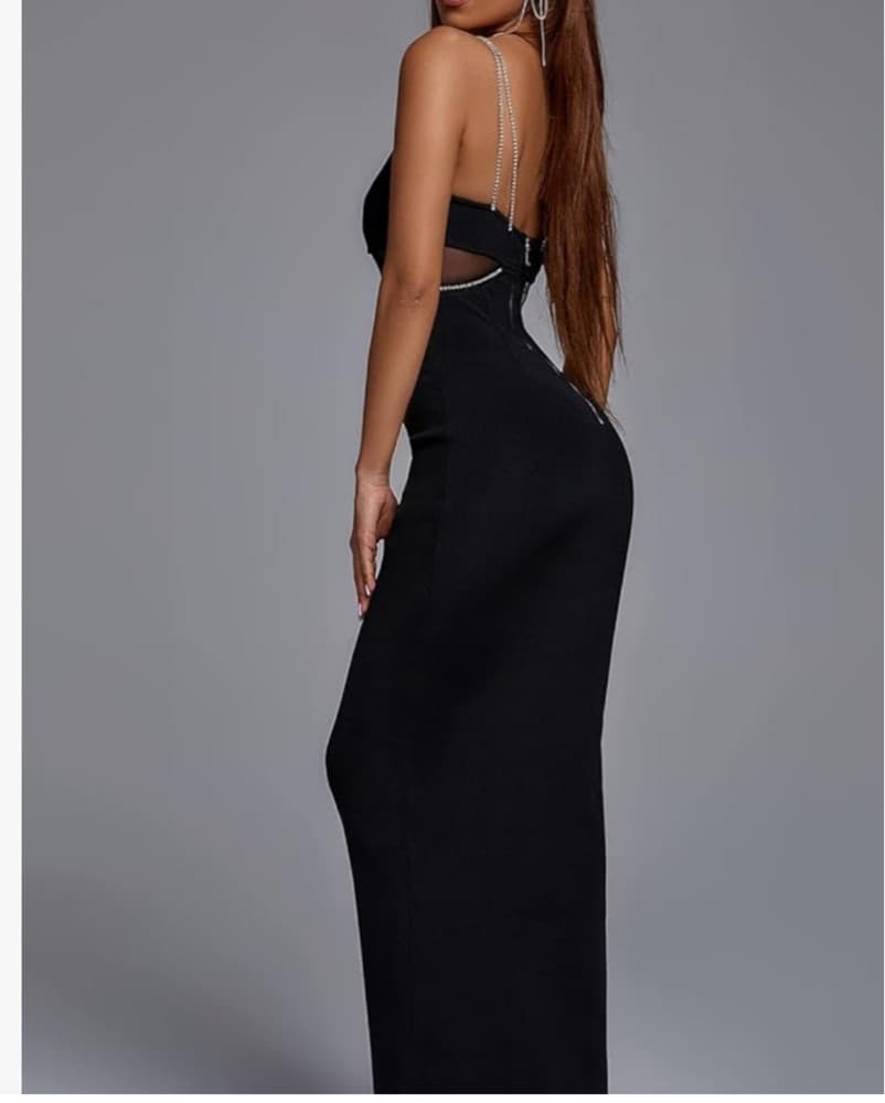 Black Midi Dress with Rhinestone Straps  - Image 2