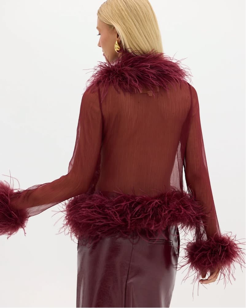 Gigi Sheer Feather Blouse Cherry - S - Image 4
