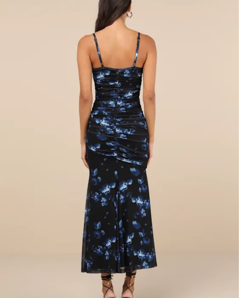 Black Floral Mesh Drop Waist Maxi Dress - Image 2