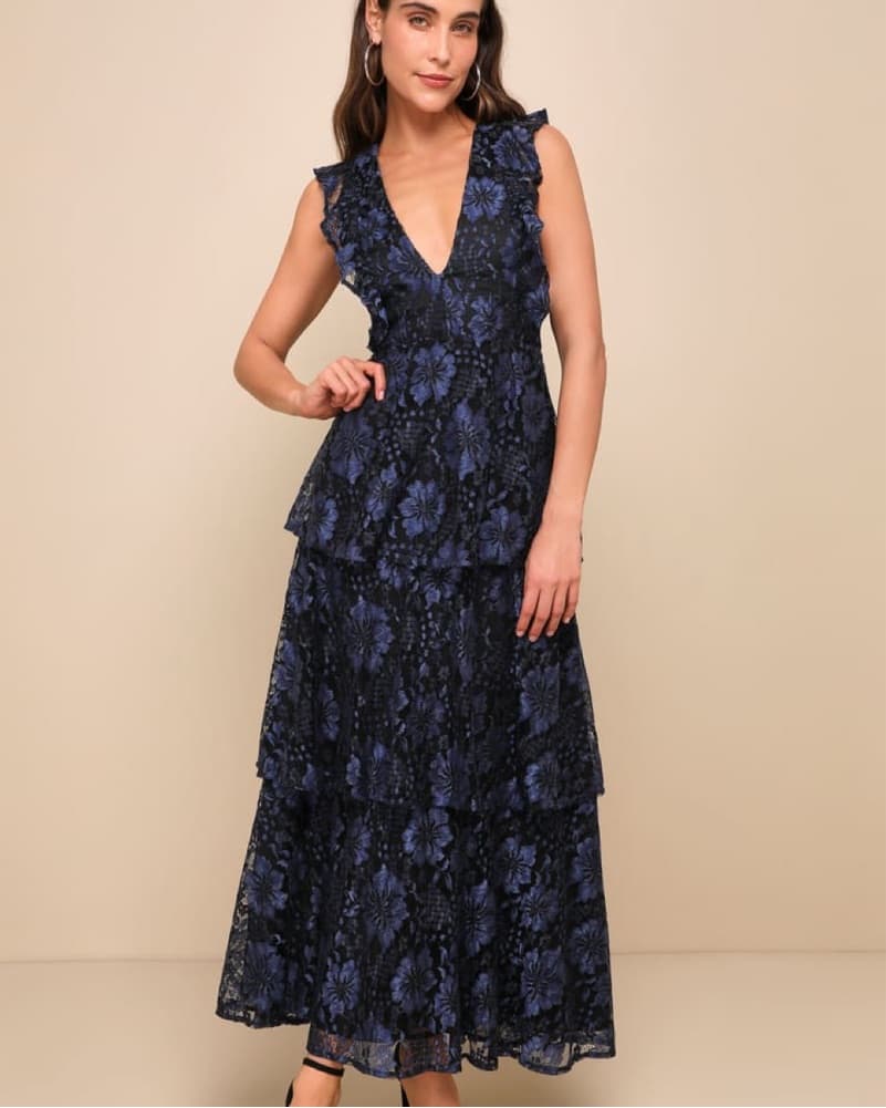 Lulu’s Navy Blue Lace Ruffled Dress - Image 1