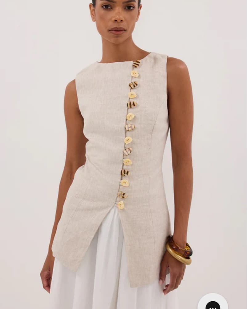 Cream Linen Button-Front Vest set - Image 2