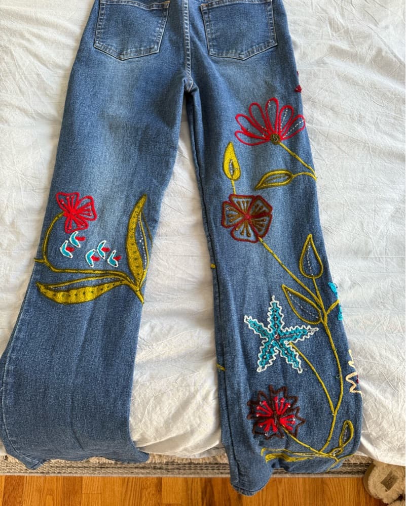Vibrant Floral Embroidered Denim Jeans - Image 3