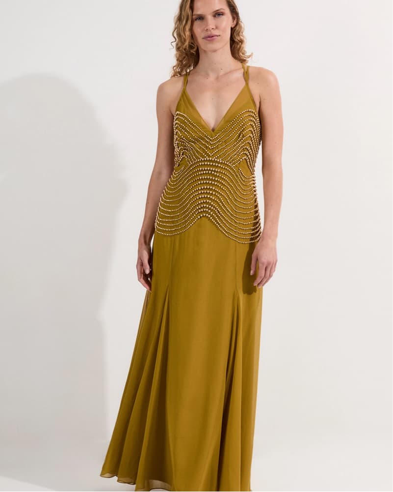 Green Gold Beaded Maxi Dress - Image 1