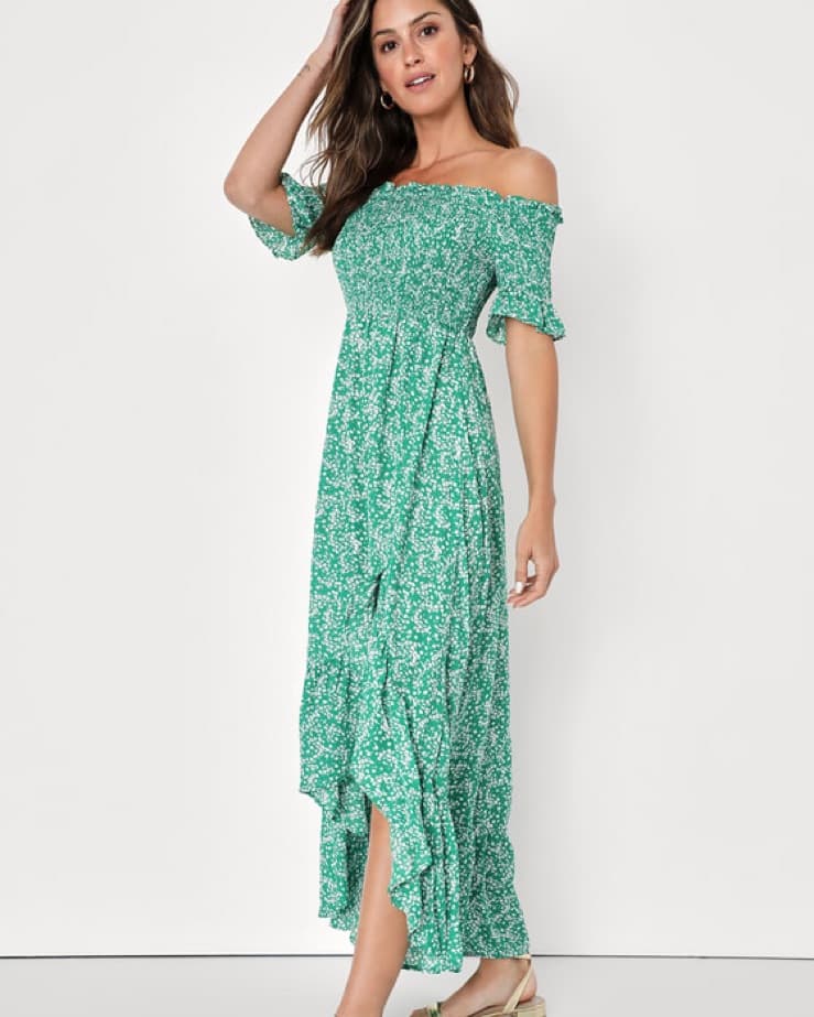 Green Floral Print Off Shoulder Midi Dre - Image 1