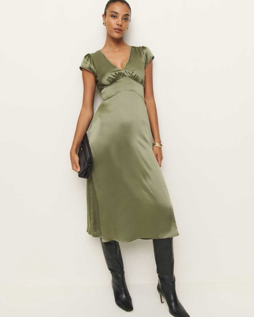 Reformation Cassie Olive Silk Dress - Image 1