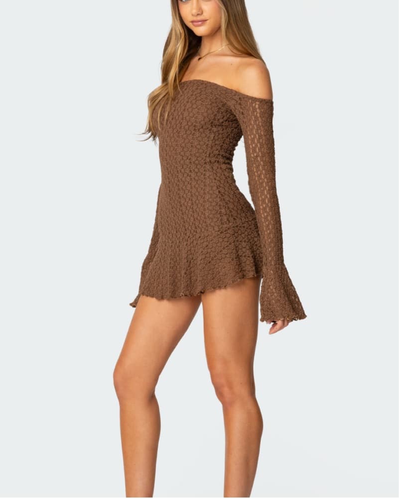 Brown Lace Off The Shoulder Minidress - Image 1