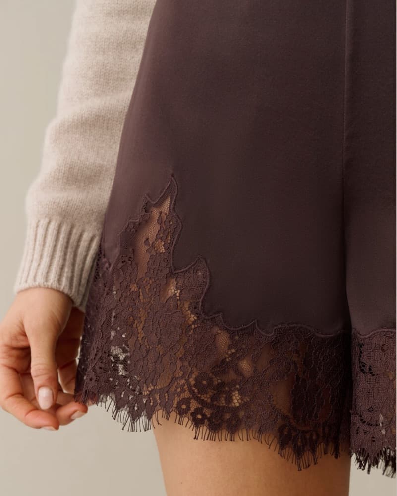 Lace-Trimmed Silk Brown Shorts - Image 3