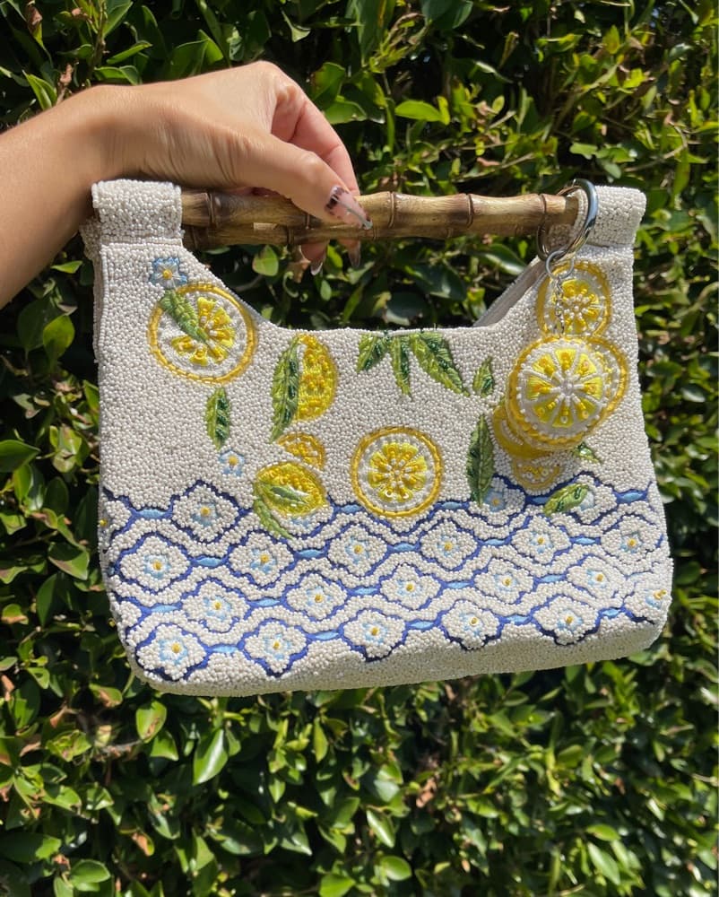 Vibrant Lemon Embroidered Beaded Handbag - Image 1