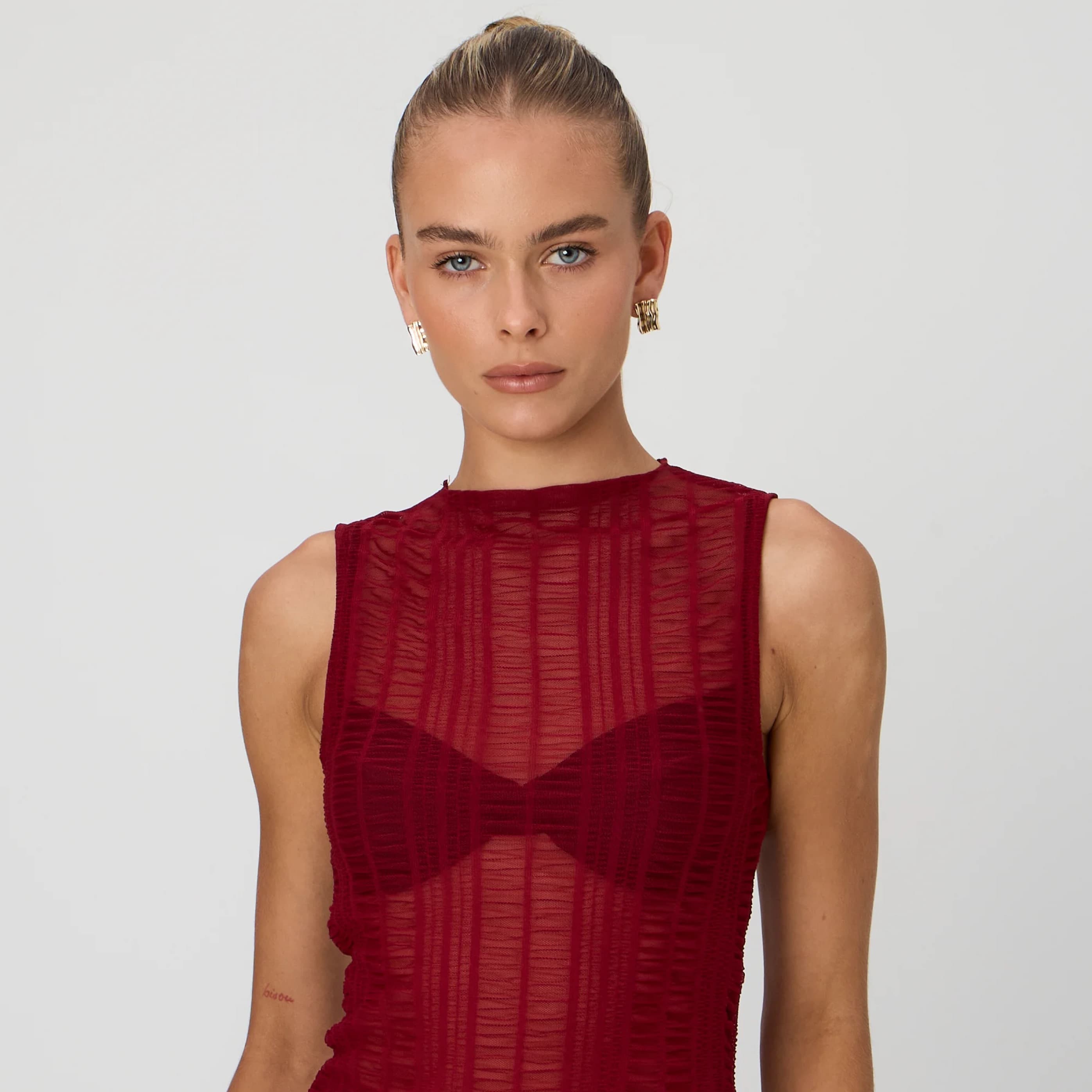 Red Textured Sheer Top  - Image 1