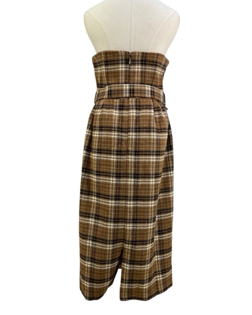 Strapless Belted Midi Dress Brown Plaid  - Image 2