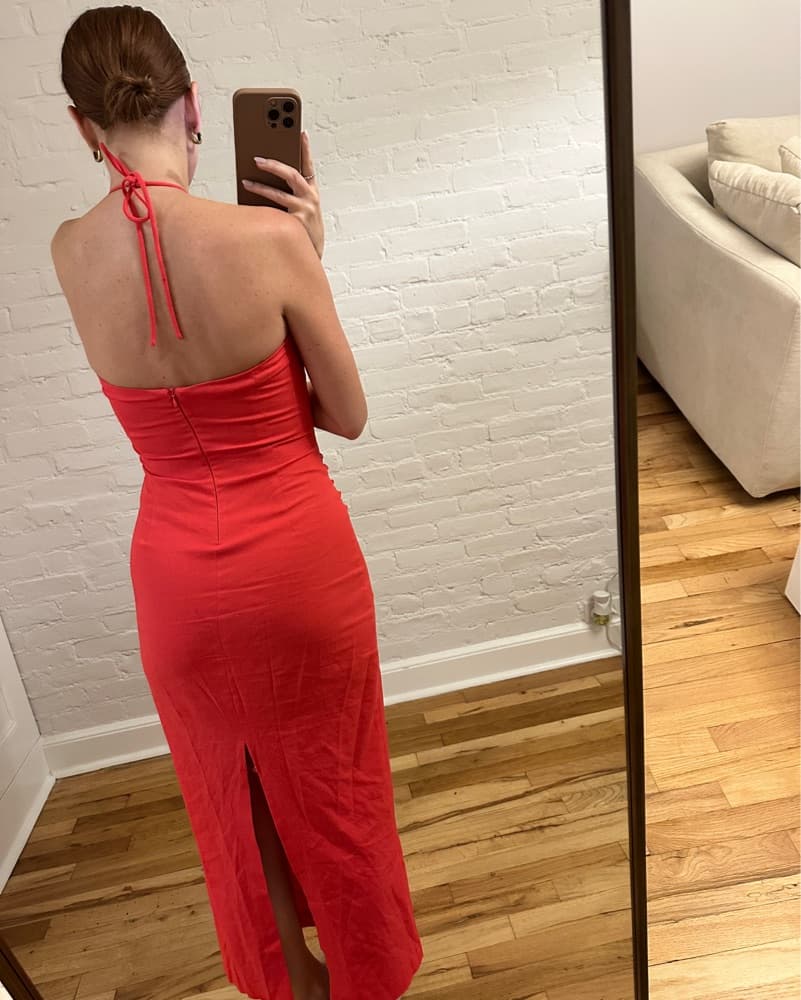 Red Midi Linen Cut Out Dress - Image 4