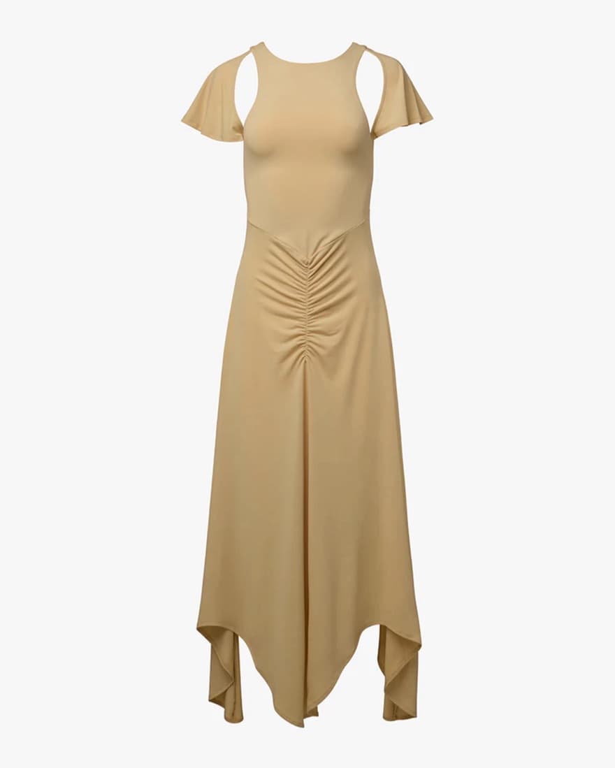 RUCHED CUT OUT ASYMMETRICAL MIDI DRESS - Image 1