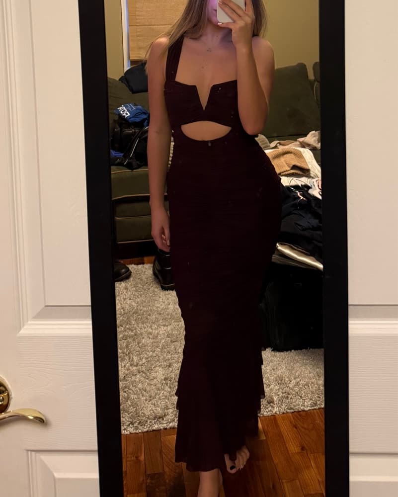 Lulus Mesh Ruched Trumpet Midi Dress - Image 1