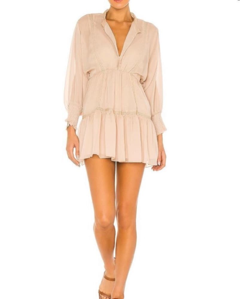 SNDYS Tan Tiered Mini Dress with Slip - Image 1