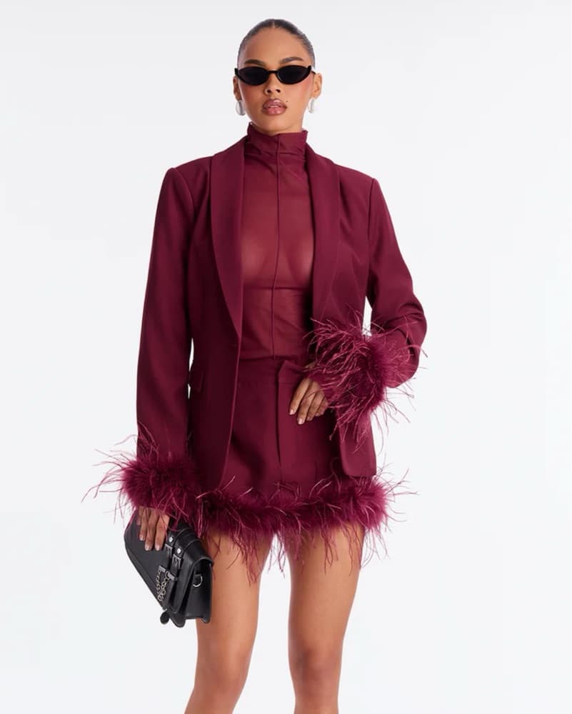Maroon Feather-Trimmed Skirt Set - Image 1