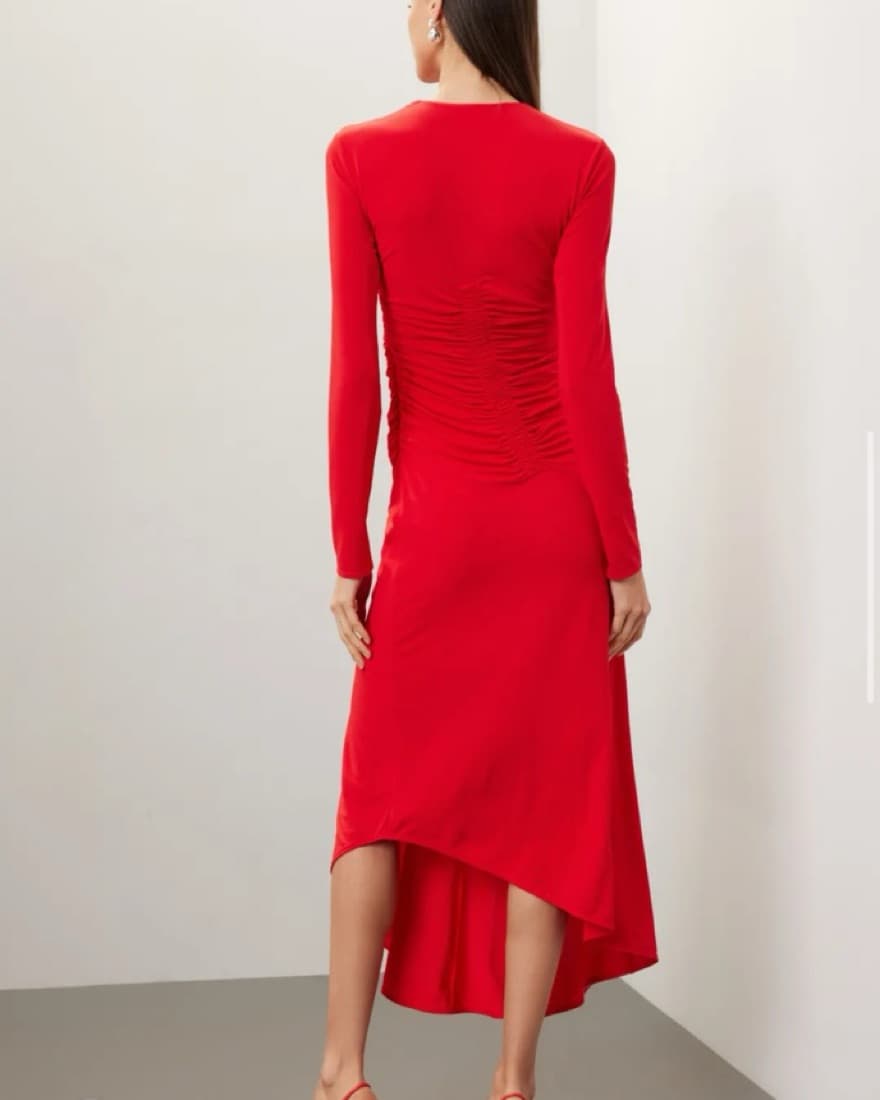 Red Long Sleeve Ruched Midi Dress - Image 2