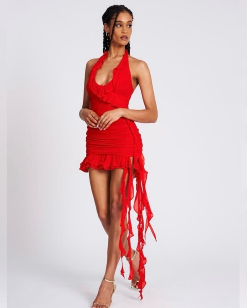 Sultry Ruffled Red Halter Dress - Image 3