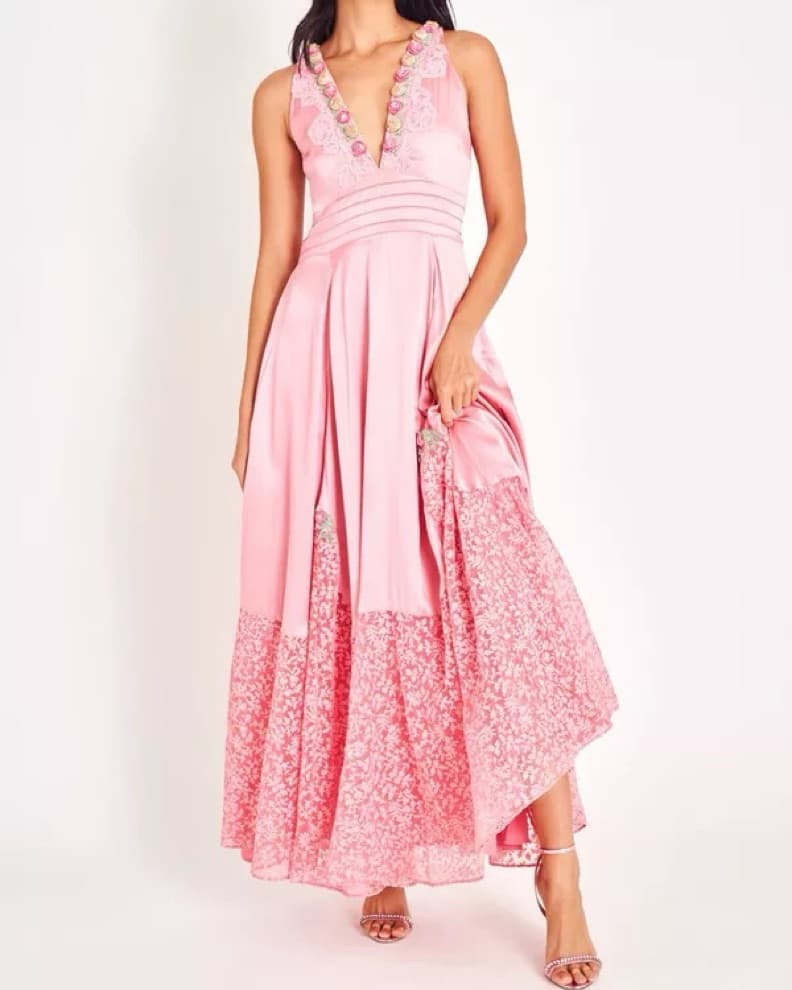 Elegant Pink Lace Embroidered Maxi Dress - Image 1