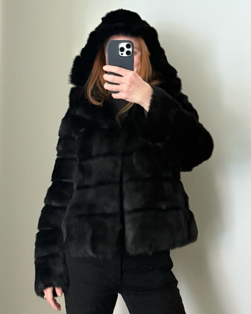 Black Rabbit Fur Jacket With Hood - Image 2