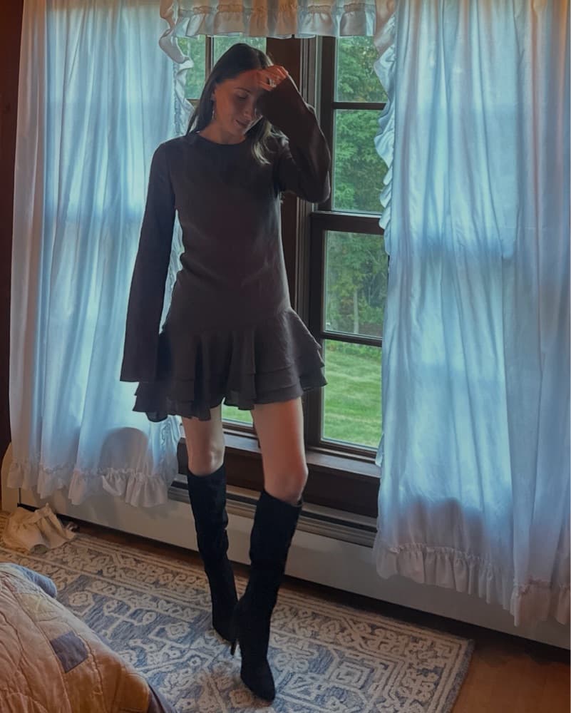 Chic Ruffle Brown Long Sleeve Mini Dress - Image 1
