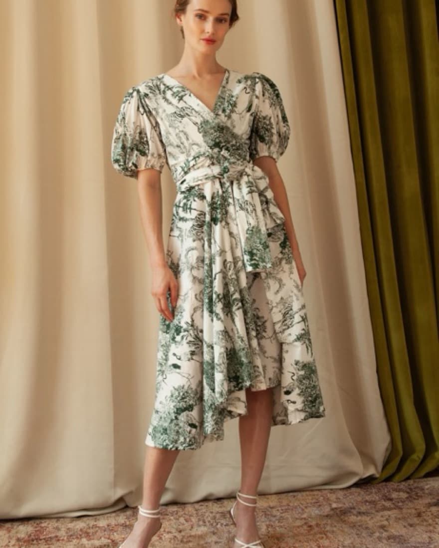 Toile Green puff Sleeve Midi  - Image 1