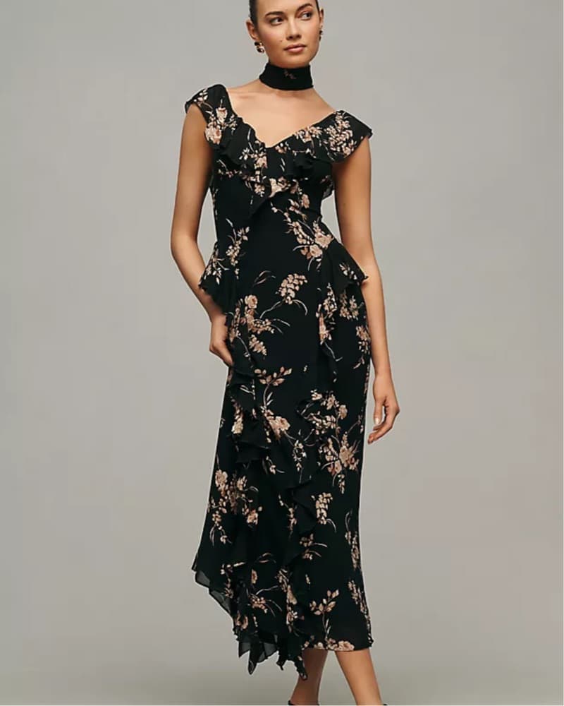 Reformation Floral Black Dress w/ Scarf - Image 1