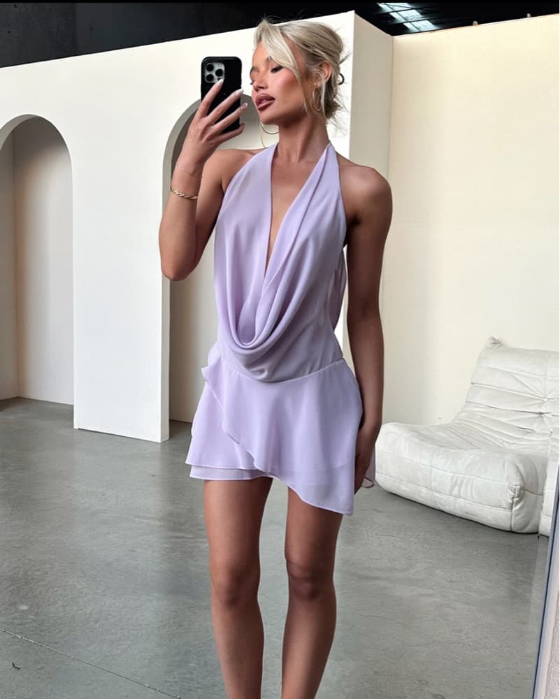 “Cleo Lilac Plunge Cowl Neck Mini Dress” - Image 2