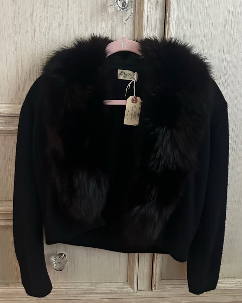 Black Fox Fur Collared Sweater - Image 1