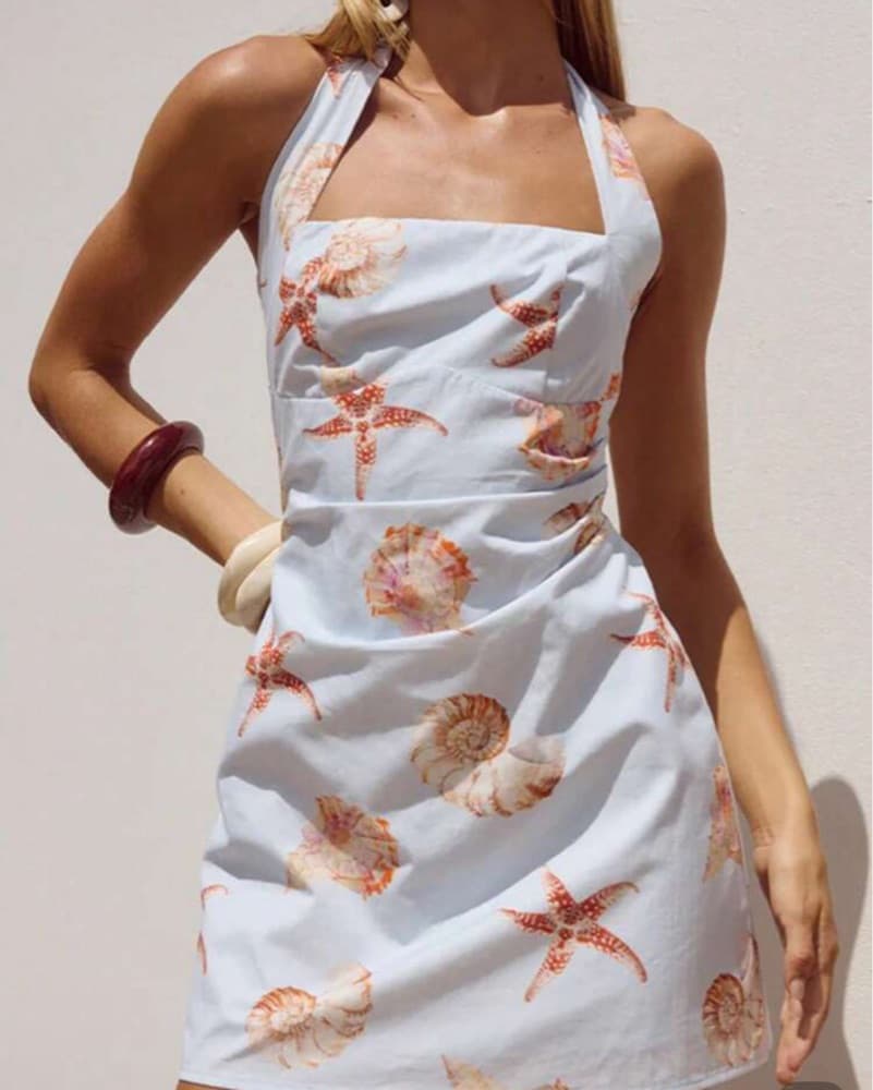 Starfish and Shell Printed Halter Dress - Image 1