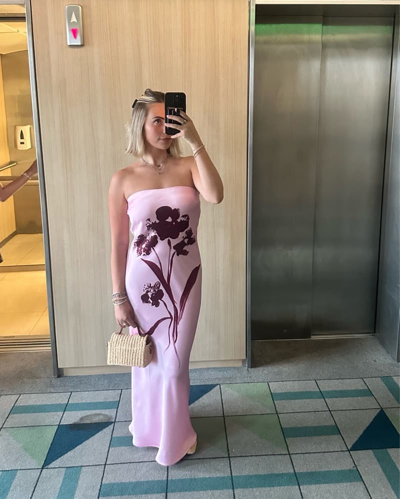 Pink Floral Satin Gown Anthropologie - Image 3