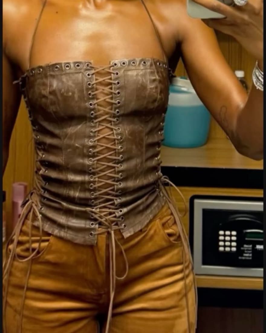 Odile Brown Faux Leather Lace Up Corset - Image 2