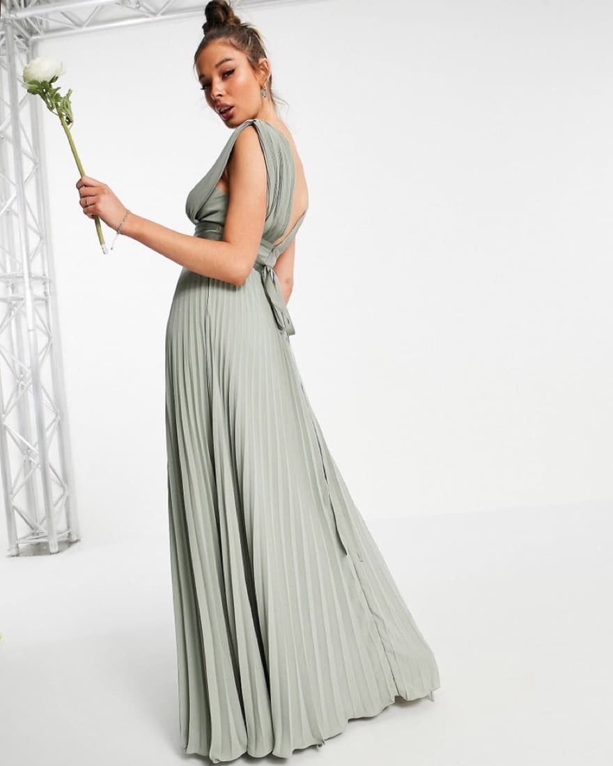 Olive/Sage Green Satin Long Pleat Dress - Image 2