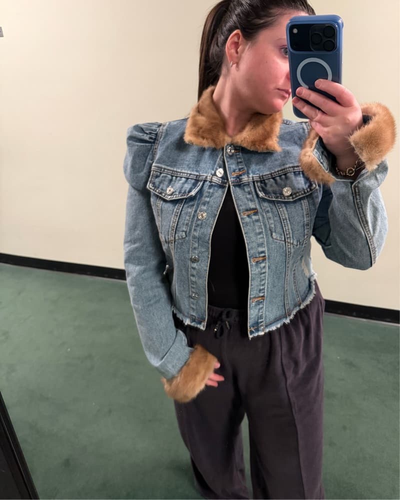 Chic Denim Jacket w Mink Sleeve Collar - Image 2