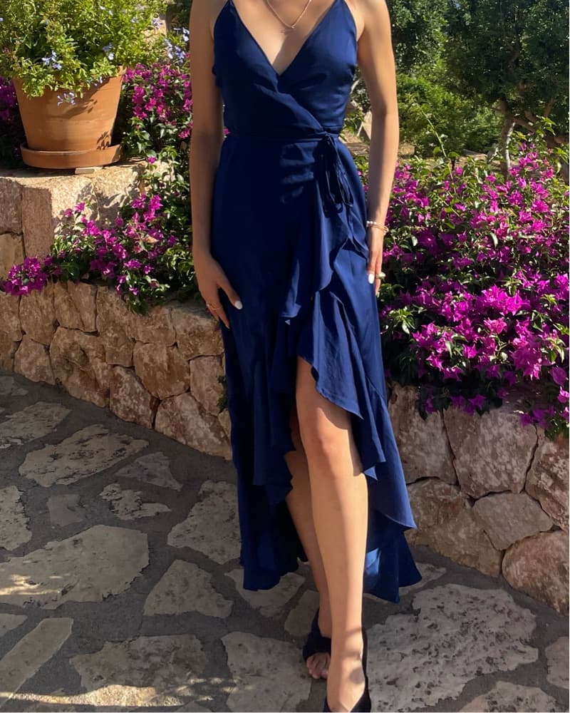 Navy Blue Satin Wrap Dress - Image 4