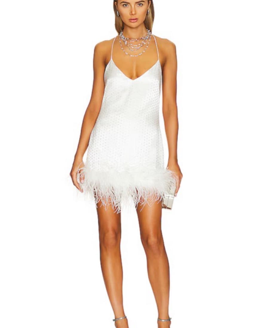 White Rhinestone Feather Mini Dress  - Image 1